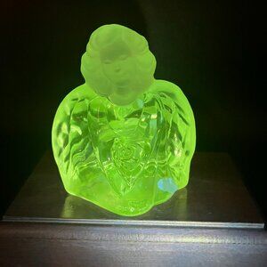 Fenton Glass Angel Figurine Frosted and Clear with sticker Manganese - UV Glow